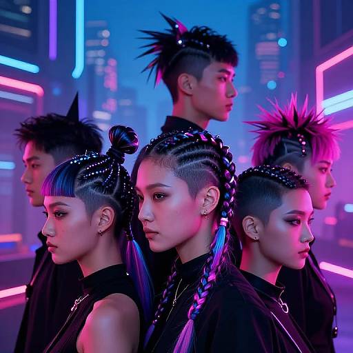 Photograph of five young, androgynous, Asian individuals with neon-colored hair in mohawks and braids, standing in a futuristic, neon