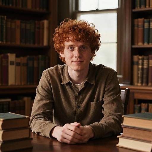 Photograph of a curly red-haired young man with fair skin, wearing a brown button-up shirt, sitting at a library table with stacked books, smiling