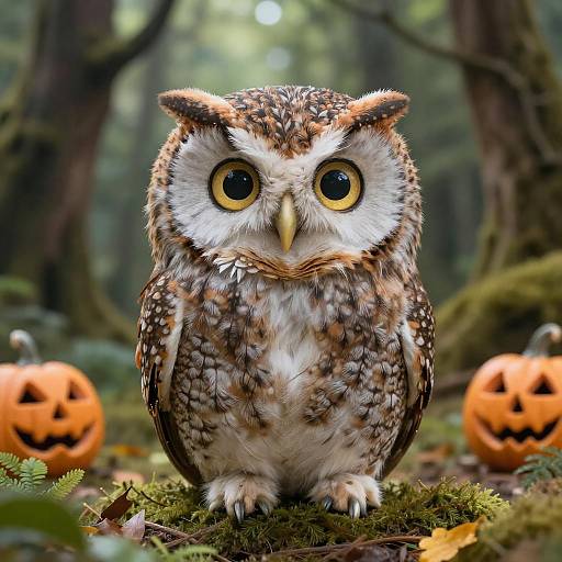 Small Cute Cat-Owl Hybrid in Forest with Jack-o'-Lanterns