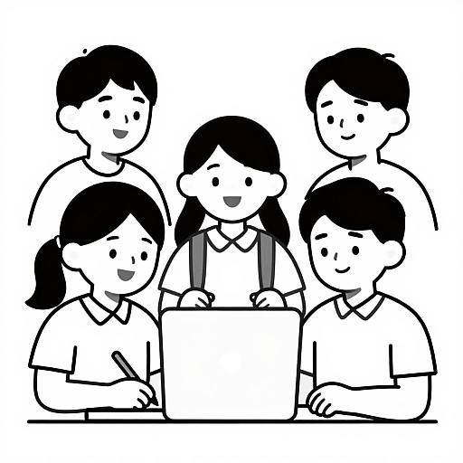 Black and white digital drawing of five smiling children with simple, round faces and black hair, seated around a table.