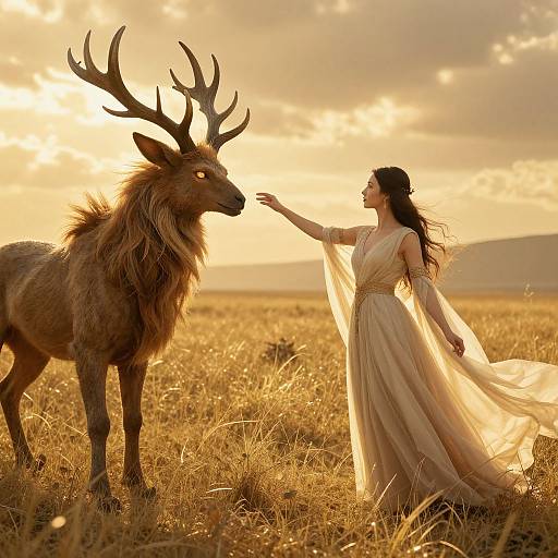 Photograph of a woman in a flowing, golden dress reaching out to a majestic, antlered deer in a sunlit, golden field.