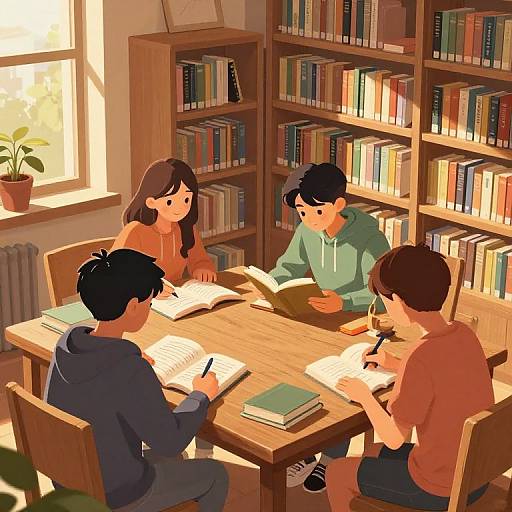 Students Studying Together in Sunlit Library