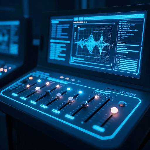 Photograph of a futuristic, blue-lit control panel with illuminated buttons and a large screen displaying a heart rate graph and data.