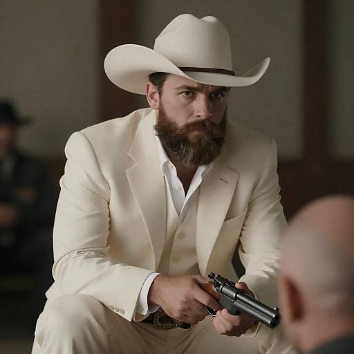 Seated Bearded Cowboy Holding Gun