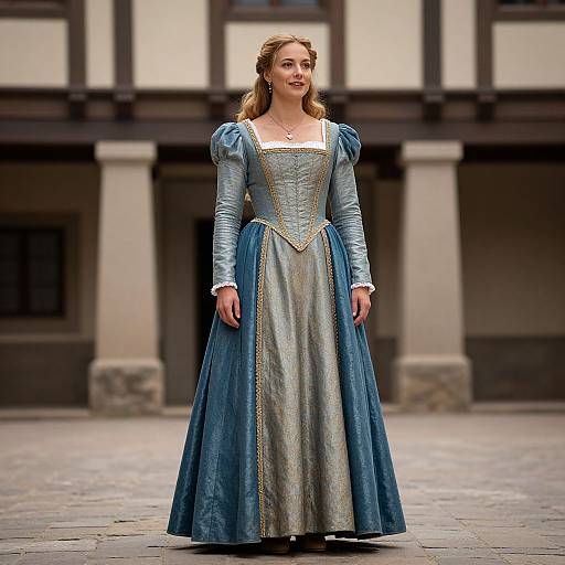 Photograph of a fair-skinned woman with long blonde hair in a medieval-style blue and silver gown with puffed sleeves, standing in a cobble