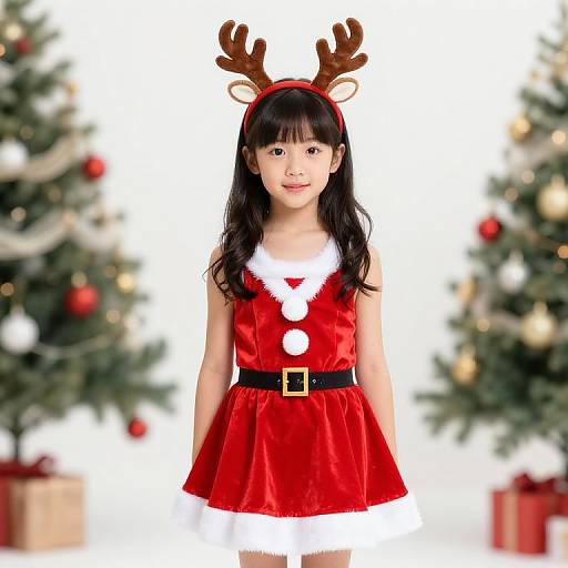 Photograph of an Asian girl with long black hair, wearing a red Santa dress with white fur trim, reindeer antlers, and a black belt