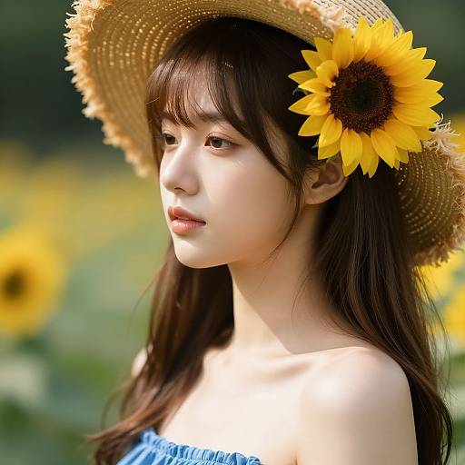 Photograph of an Asian woman with fair skin, long brown hair, and a sunflower hairpin, wearing a straw hat and blue off-should