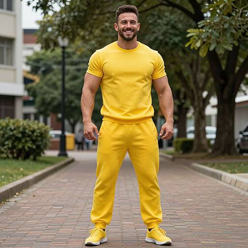 Photograph of a muscular, bearded man with short brown hair, wearing a bright yellow t-shirt and matching joggers, standing confidently on a brick