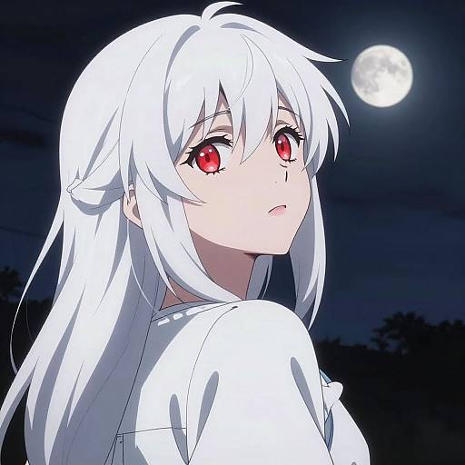 Anime-style digital drawing of a white-haired girl with red eyes looking back under a full moon, wearing a white shirt, against a dark night sky.