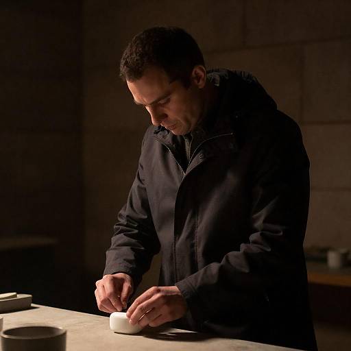 Hooded Man in Dim Stone Workshop