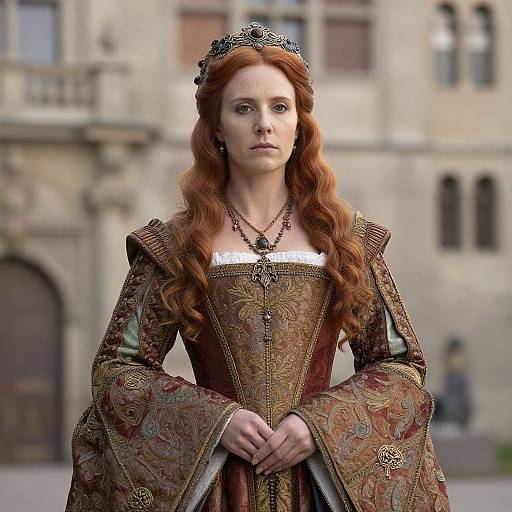 Photorealistic medieval portrait of a red-haired woman with wavy hair, wearing an ornate, brown, embroidered gown, and a jeweled ti