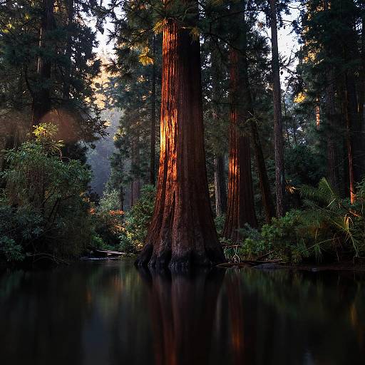 Twilight Redwood Reflection Scene