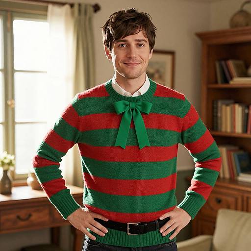 Photograph of a smiling, young white man with brown hair wearing a green and red striped sweater with a green bow, hands on hips, in a