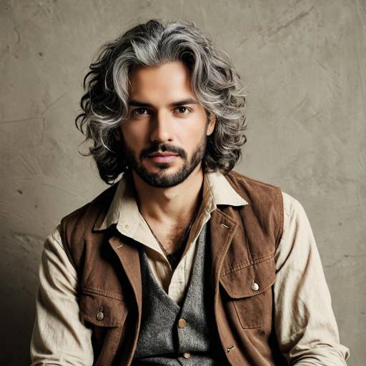 Portrait of Man with Medium Gray Wavy Hair in Rustic Outfit