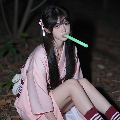 Nighttime Asian Woman in Pink Kimono