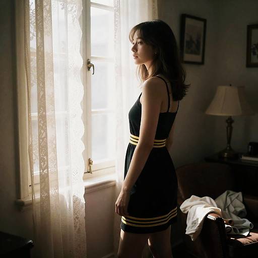 Sunlit Woman in Striped Black Dress