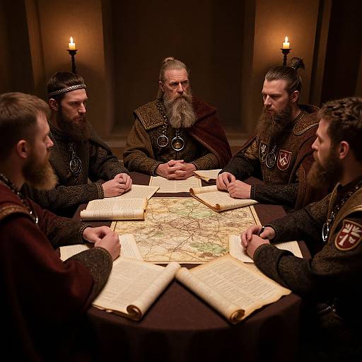 Photograph of five medieval Viking men with beards and braided hair, wearing brown woolen tunics, gathered around a table with a detailed map