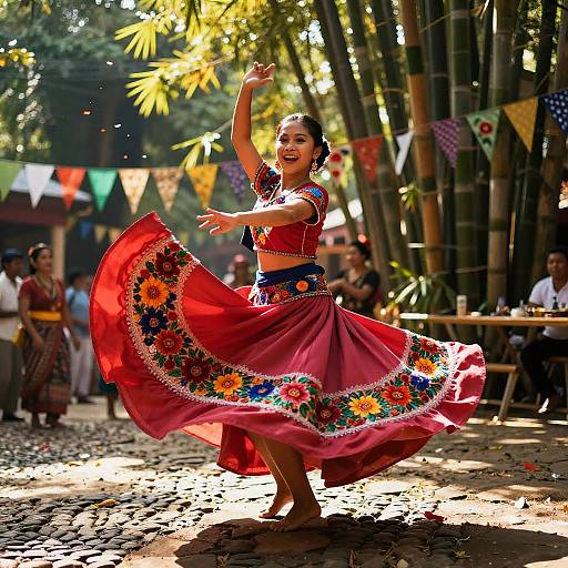 Spirited Filipina Tinikling Dance Mid-Spin