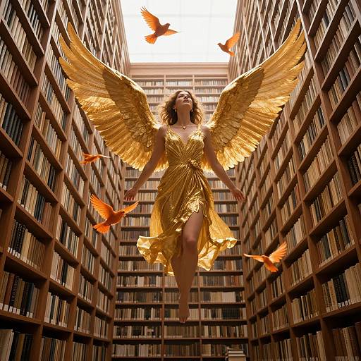 Photograph of a woman with golden wings and dress, floating between towering bookshelves, surrounded by orange birds, illuminated by sunlight.