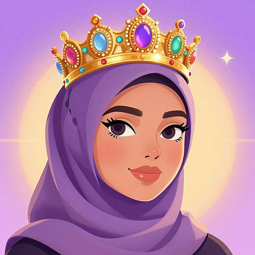 Digital illustration of a young woman with large, expressive eyes, wearing a purple hijab and a golden crown adorned with colorful gems, against a gradient purple