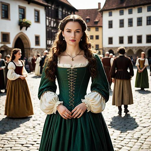 Young Woman in Renaissance Green Dress on Cobblestone Street