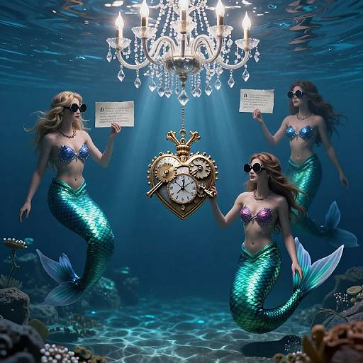 Digital artwork of three mermaids with iridescent green tails, black eyepatches, and seashell tops, underwater, holding papers, beneath