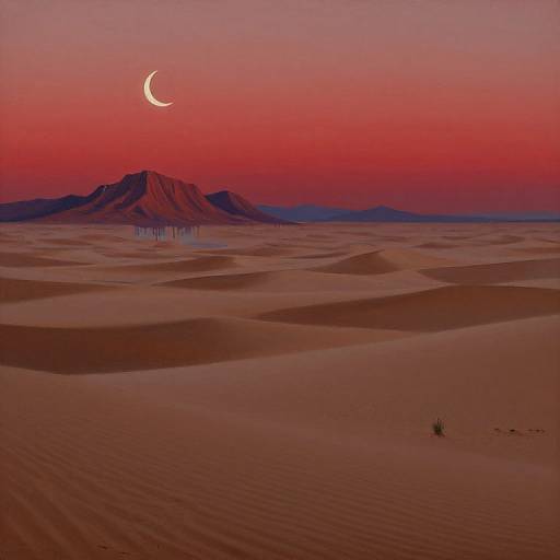 Photograph of a vast, rippled desert at sunset, with a crescent moon in a vibrant red and pink sky, and distant mountains silhou