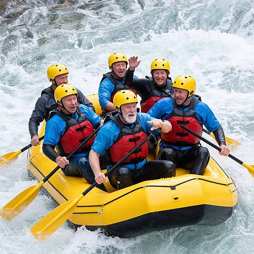 Photograph of six smiling men in yellow helmets and blue/red life jackets, paddling a yellow inflatable raft through turbulent white water.