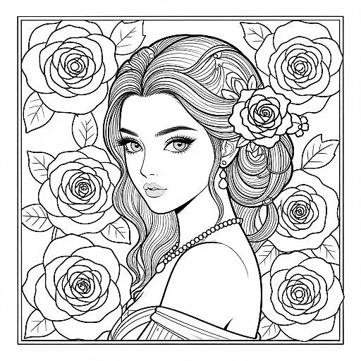 Black and white line drawing of a beautiful woman with wavy hair, surrounded by roses, wearing a necklace, in a square frame.