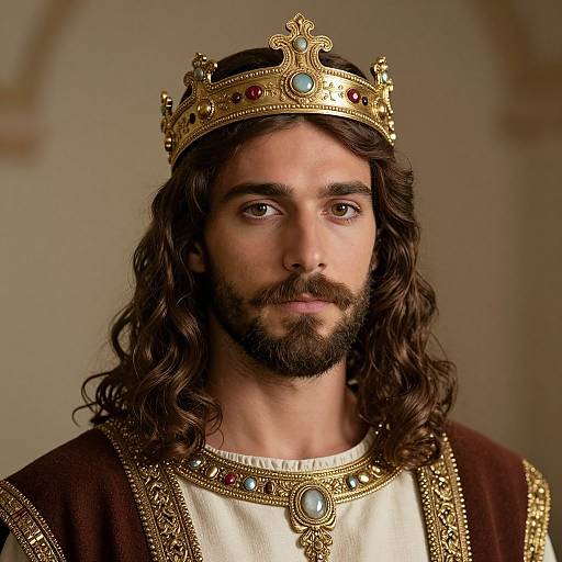 Photograph of a bearded, long-haired man with olive skin, wearing a gold and jewel-encrusted crown and richly embroidered royal robe