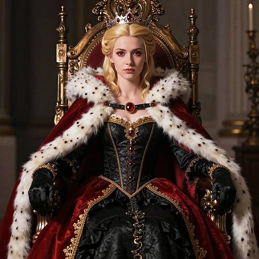 Digital artwork of a regal blonde queen with fair skin, wearing a black corseted gown, red and white fur-trimmed robe, and