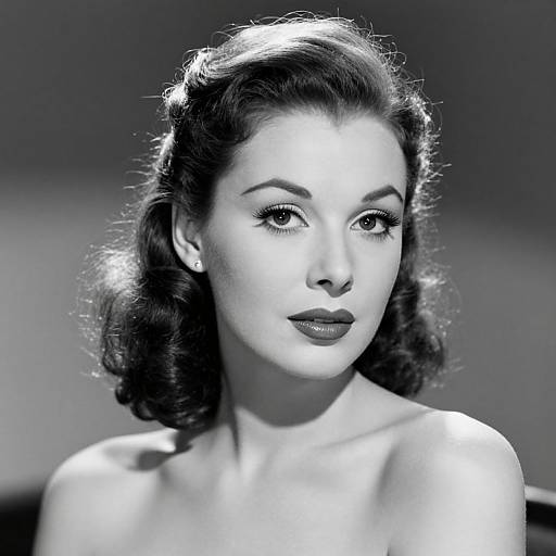Black-and-white photograph of a 1940s-style woman with curled, shoulder-length hair, wearing dark lipstick, and pearl earrings, gazing slightly