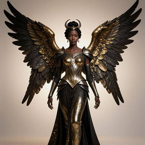 Photograph of a dark-skinned woman with large black and gold feathered wings, wearing an ornate, metallic golden and black armor gown, standing