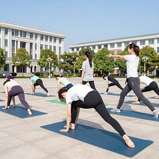 Photograph of six women in white shirts and black pants performing yoga stretches outdoors on blue mats, with modern buildings and green trees in the background on a