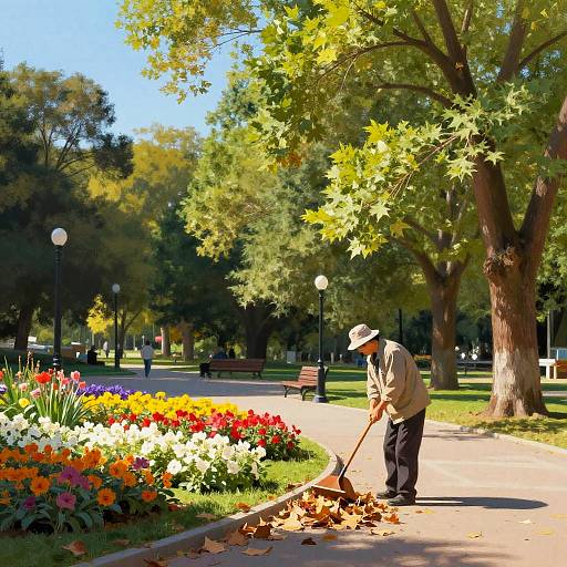Peaceful Park with Sweeping Worker