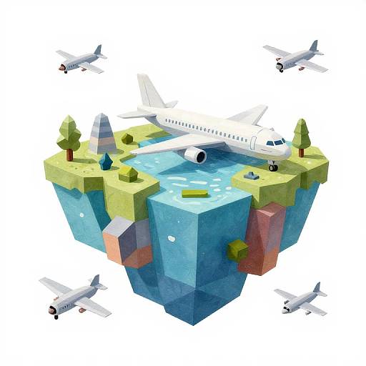 Isometric digital illustration of a white airplane on a geometric water island with green and yellow landmasses, surrounded by four smaller flying planes.