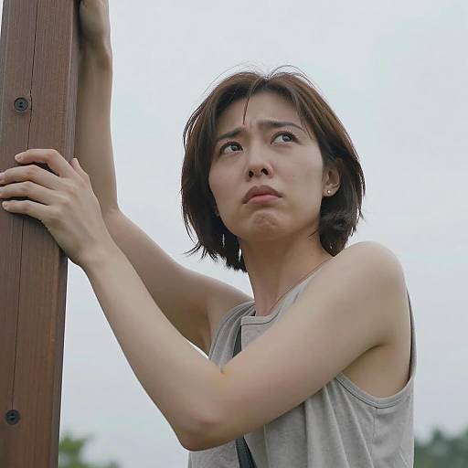 Woman Gripping Wooden Structure Under Cloudy Sky