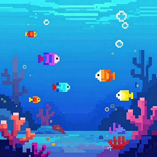 Pixel art underwater scene: Vibrant fish in orange, purple, red, and yellow swim among blue coral and seaweed against a gradient blue background.