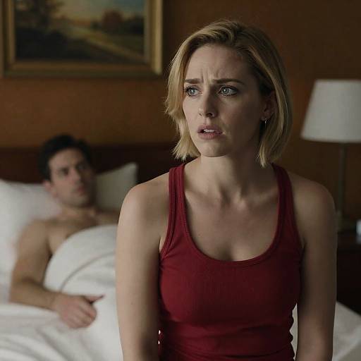 Concerned Woman and Shirtless Man in Bed