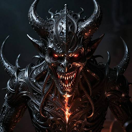 Digital artwork of a terrifying, dark, horned demon with glowing red eyes, sharp teeth, and an open maw revealing a fiery, glowing core