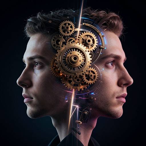 Photograph of a white man in profile with mechanical gears and blue neon lines inside his head, against a black background.