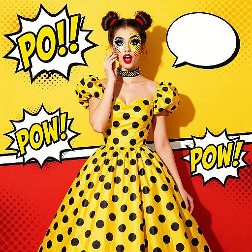 Comic-style illustration of a woman in a yellow polka dot dress, black choker, and twin buns, with 