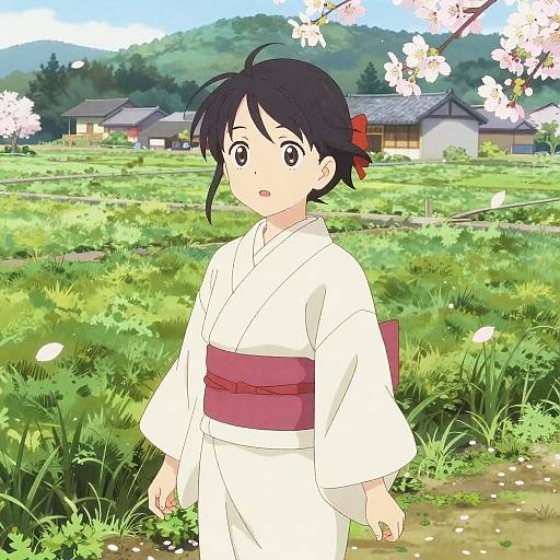 Anime Village Girl in Cherry Blossoms