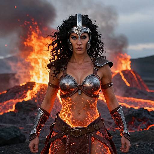 Photorealistic digital art of a fierce, curly-haired warrior woman with glowing, molten armor standing in front of a blazing volcanic landscape.