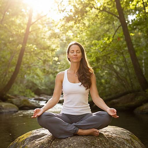 Photograph of a serene, brown-haired woman with fair skin, wearing a white tank top and gray pants, meditating cross-legged on a rock in