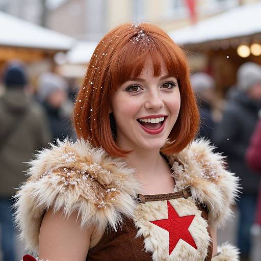 Photograph of a smiling woman with red bob haircut, wearing a furry brown costume with a red star, snowflakes on her head, in a