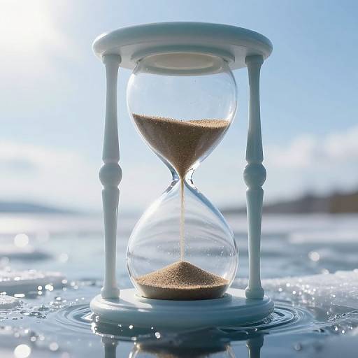 Photograph of a white hourglass with brown sand, standing on a reflective, wet surface, against a bright blue sky and sunlit background.