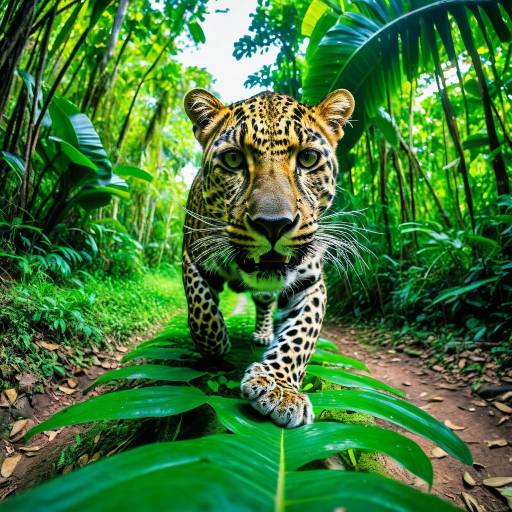 Jaguar Walking on Leaf in Lush Jungle