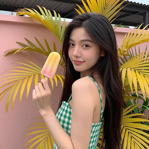 Asian Woman with Popsicle by Colorful Wall