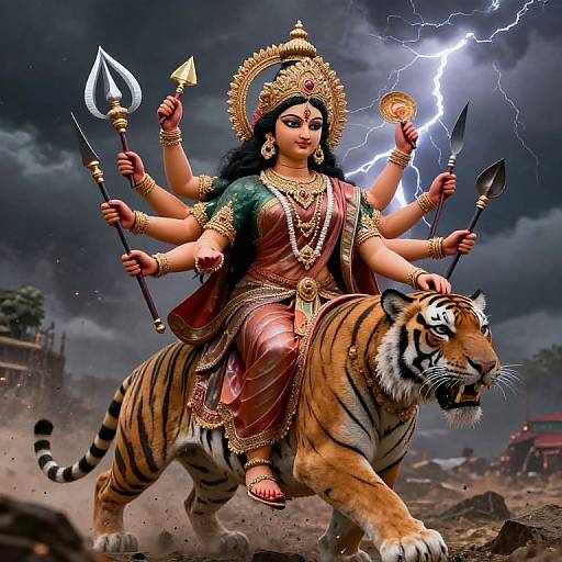 Digital artwork of a multi-armed Hindu goddess with dark skin, gold crown, and red sari riding a tiger, holding weapons, under a lightning